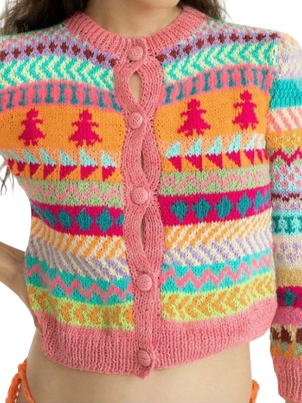 Tach Clothing Anais Handmade Cotton Knit Cardigan Fair Isle Small NWT
